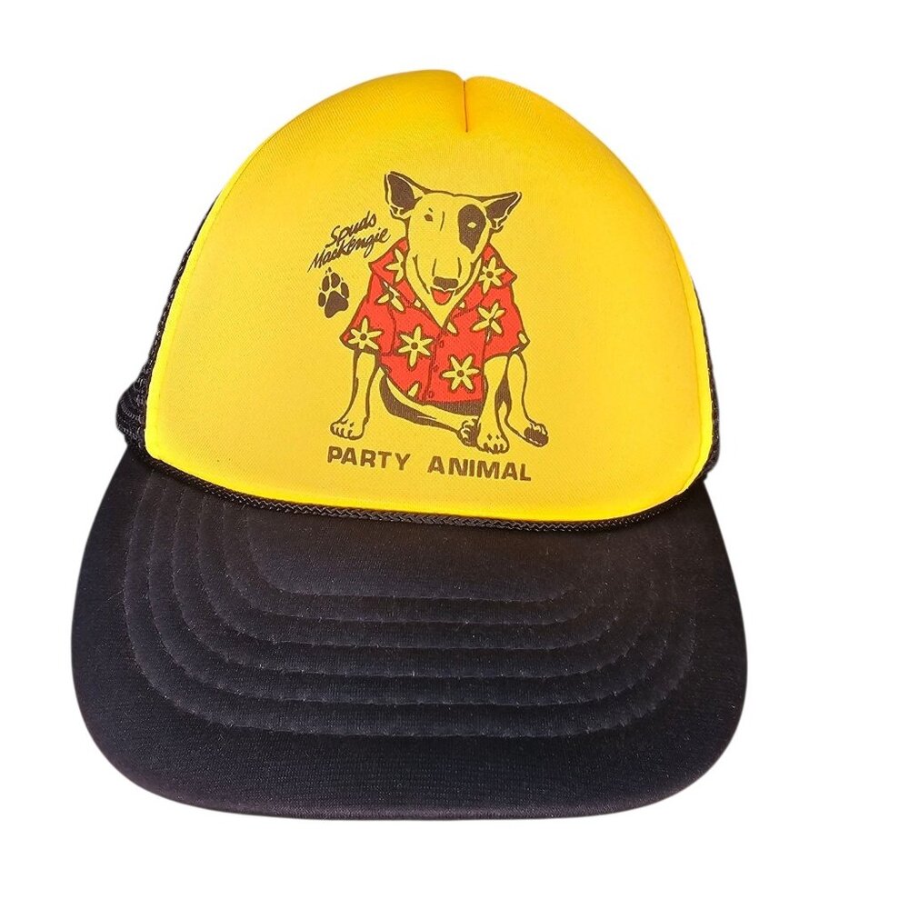 VTG Budweiser Spuds MacKenzie Party Animal Foam‎ Trucker Hat Yellow Black Sz S/M